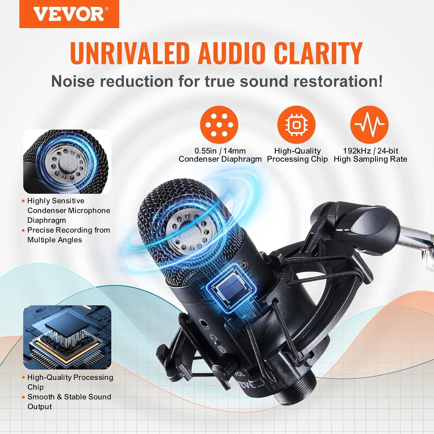 Micrófono USB VEVOR AK-V4, 192kHz/24-bit, Condensador Profesional