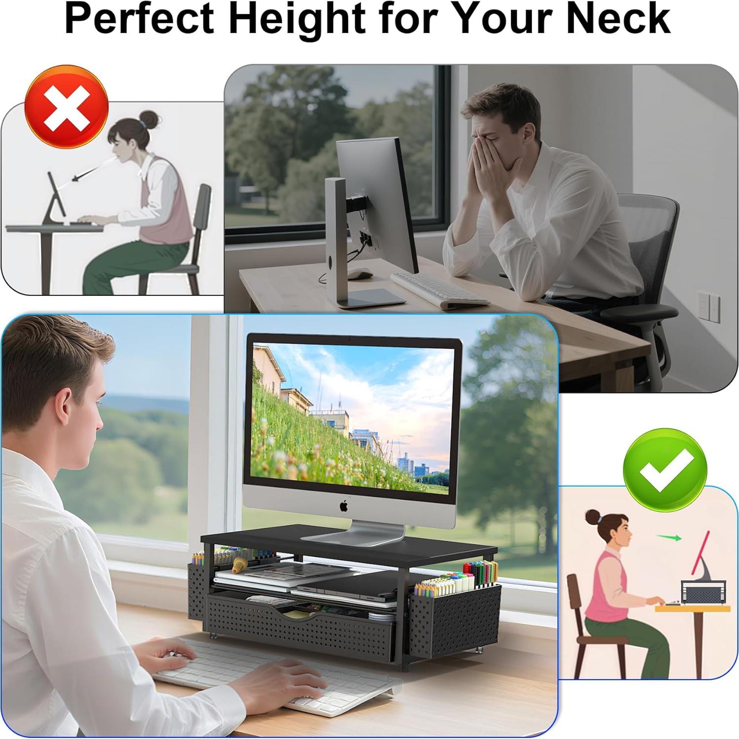 Elevador de Monitor Ergonomico Spacrea con Cajón y Sujetapapeles