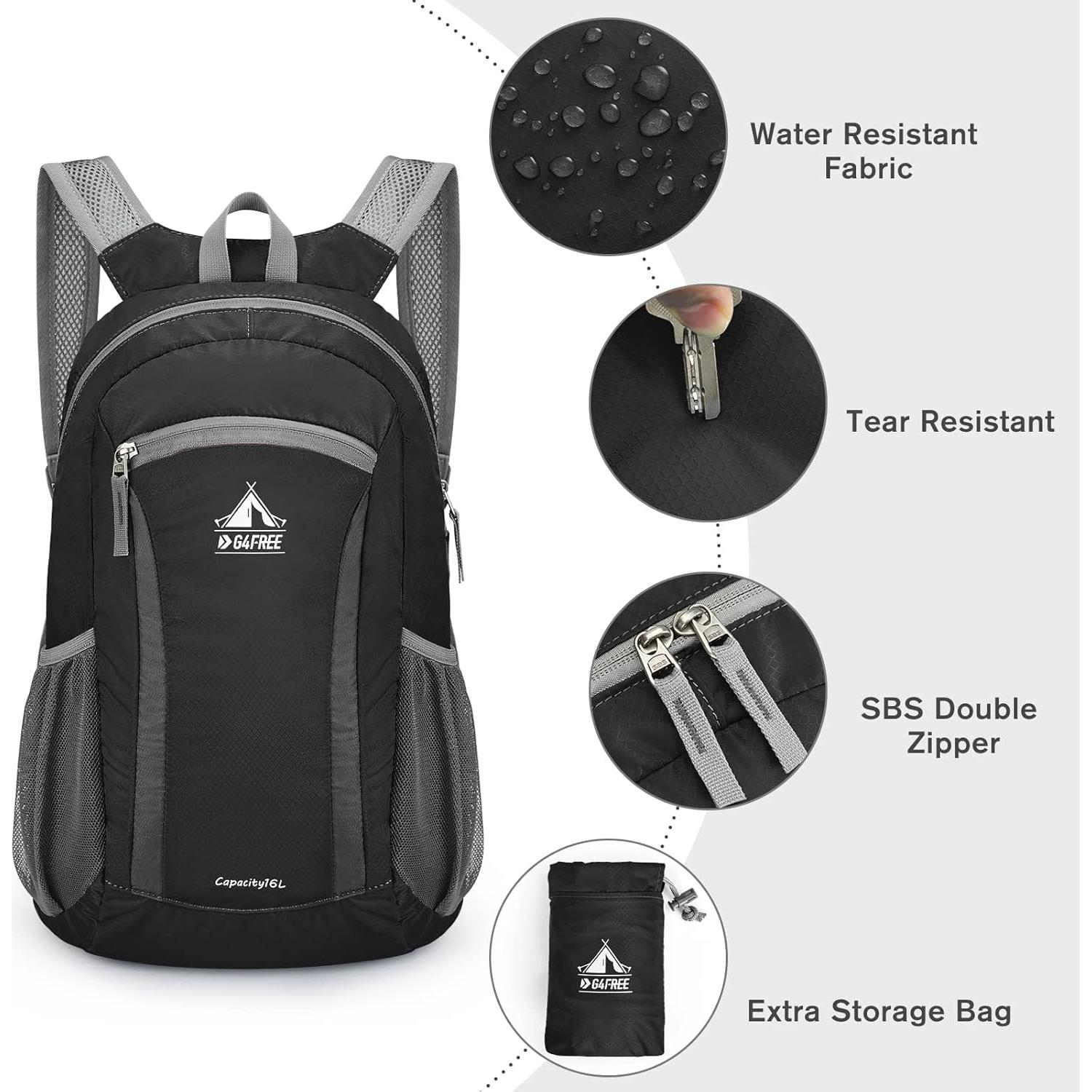 Mochila de Senderismo Plegable G4Free 16L Negra Ligera