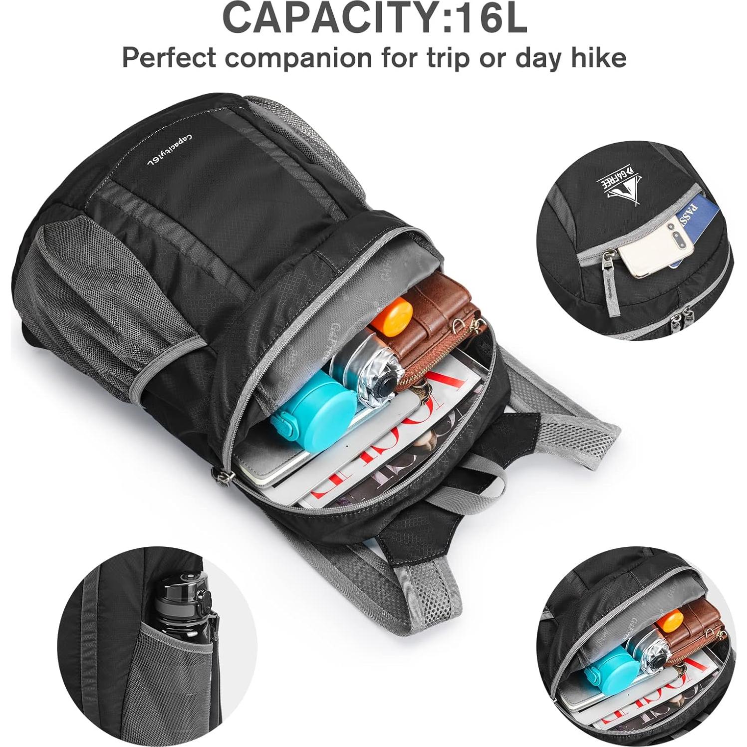 Mochila de Senderismo Plegable G4Free 16L Negra Ligera