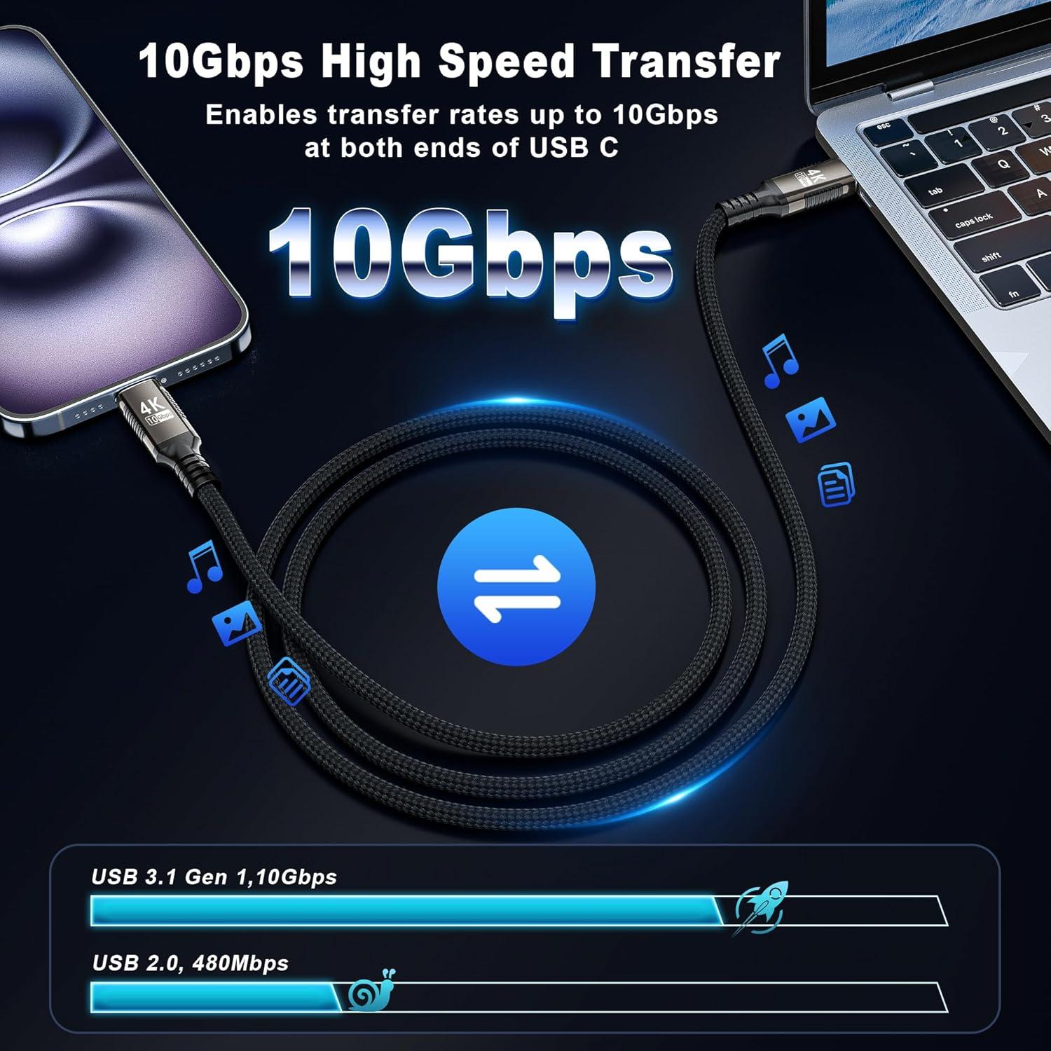 Cable USB-C Corto 15cm 10Gbps 4K 100W Nylon Trenzado