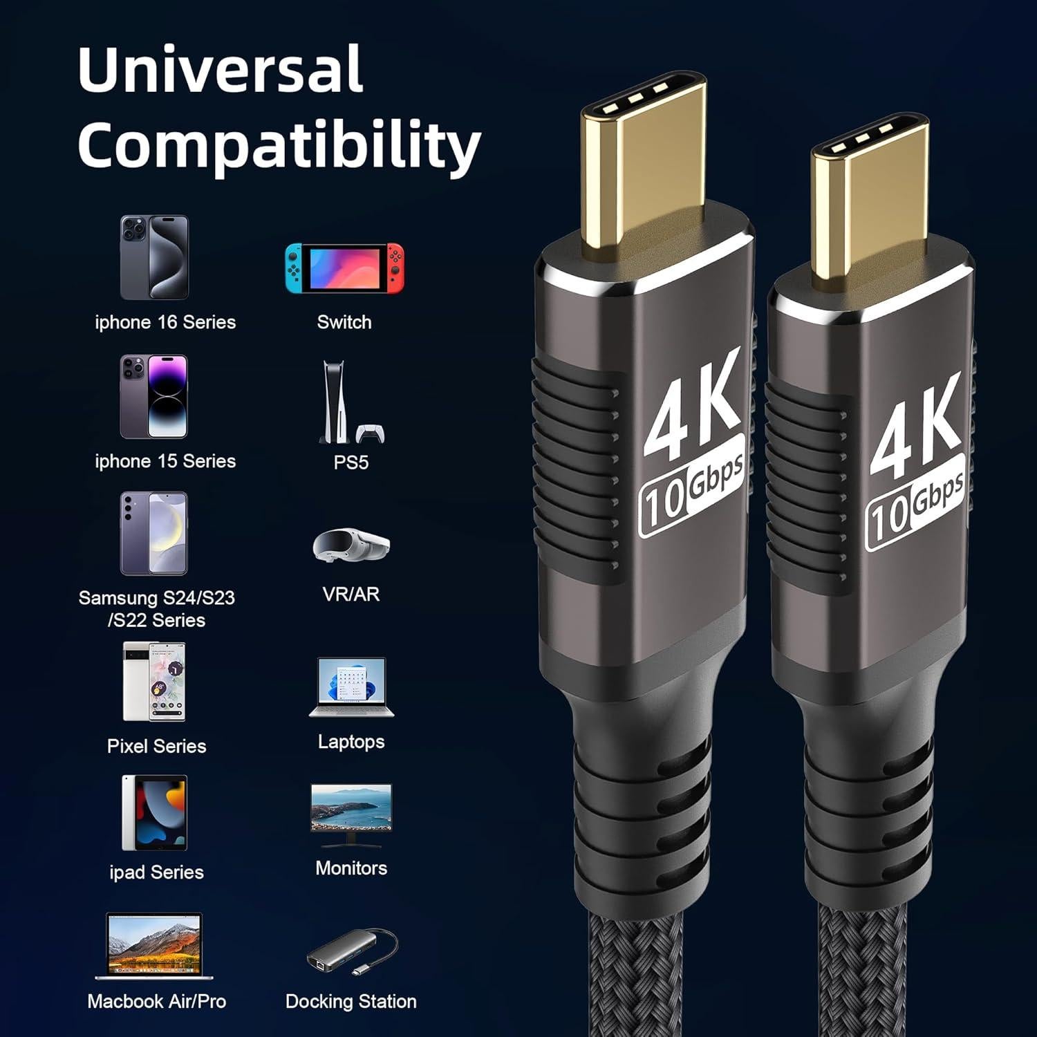 Cable USB-C Corto 15cm 10Gbps 4K 100W Nylon Trenzado