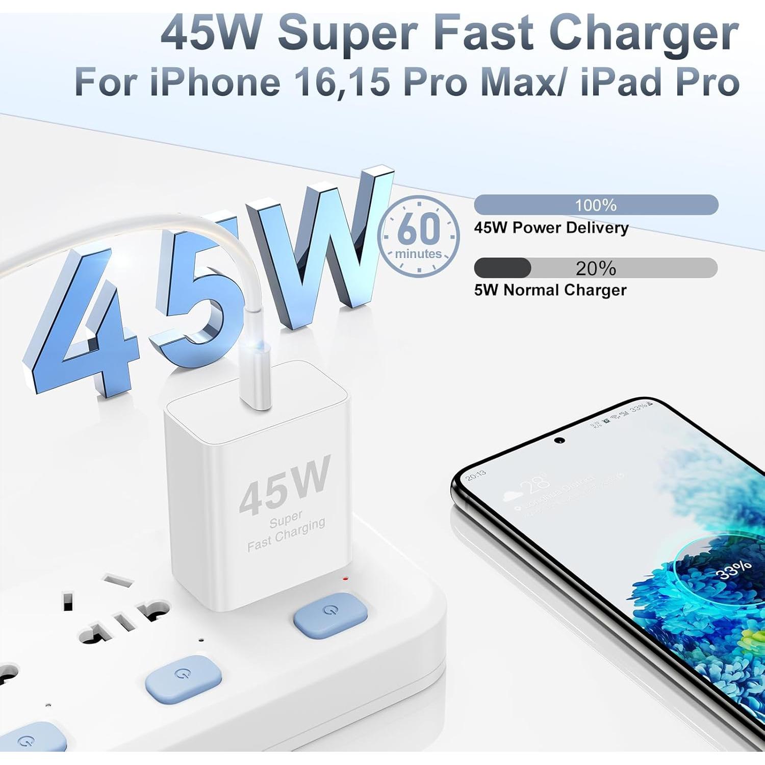 Cargador Rápido 45W USB C con Cable Tipo C 3m para iPhone