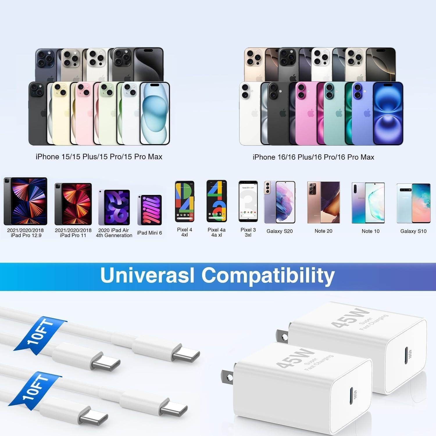 Cargador Rápido 45W USB C con Cable Tipo C 3m para iPhone