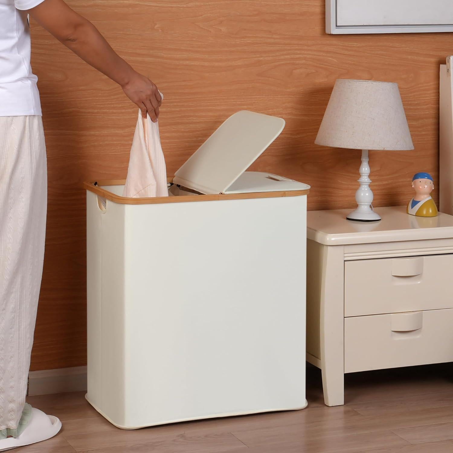 Cesto de Ropa Doble efluky 140L Beige con Tapa y Mangos