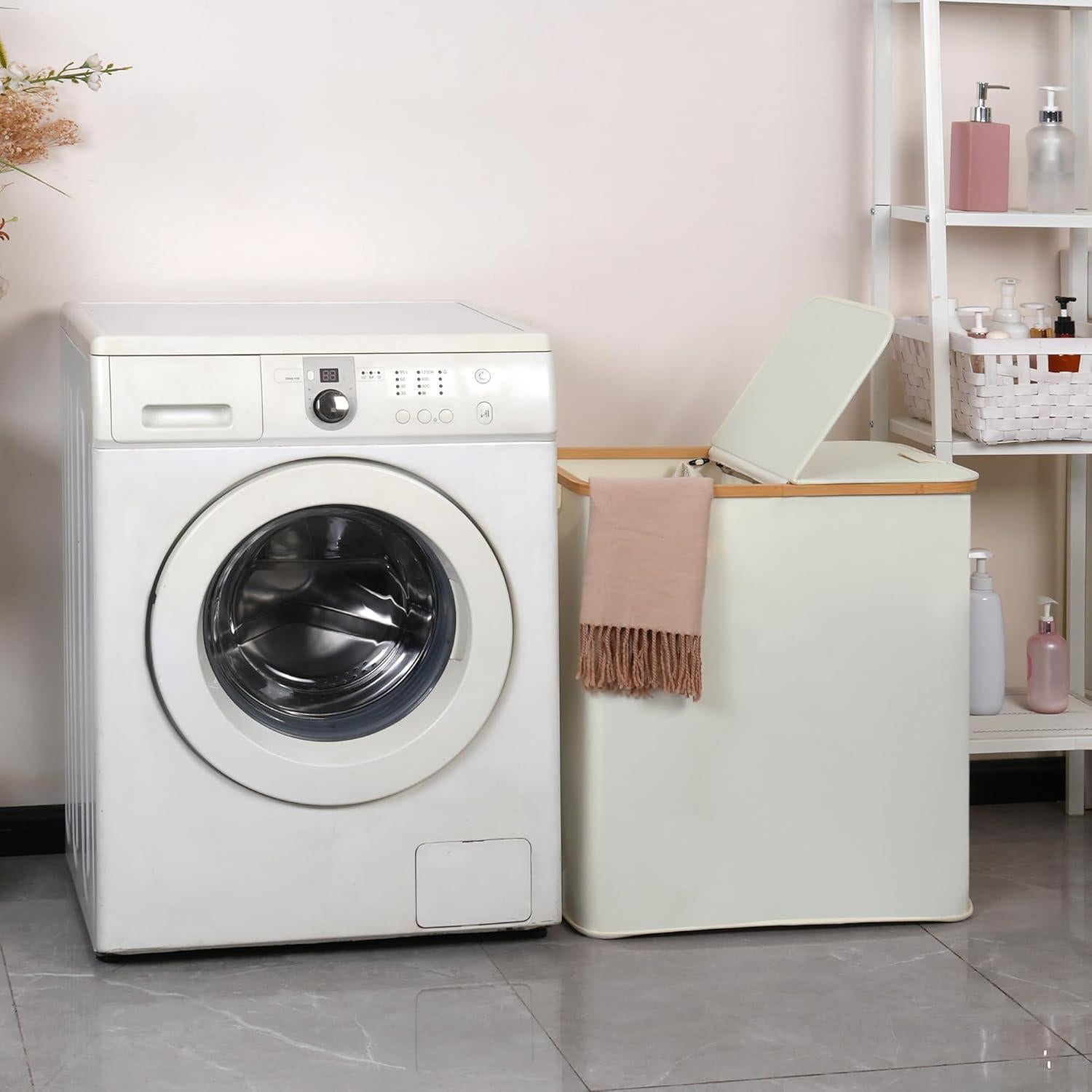 Cesto de Ropa Doble efluky 140L Beige con Tapa y Mangos