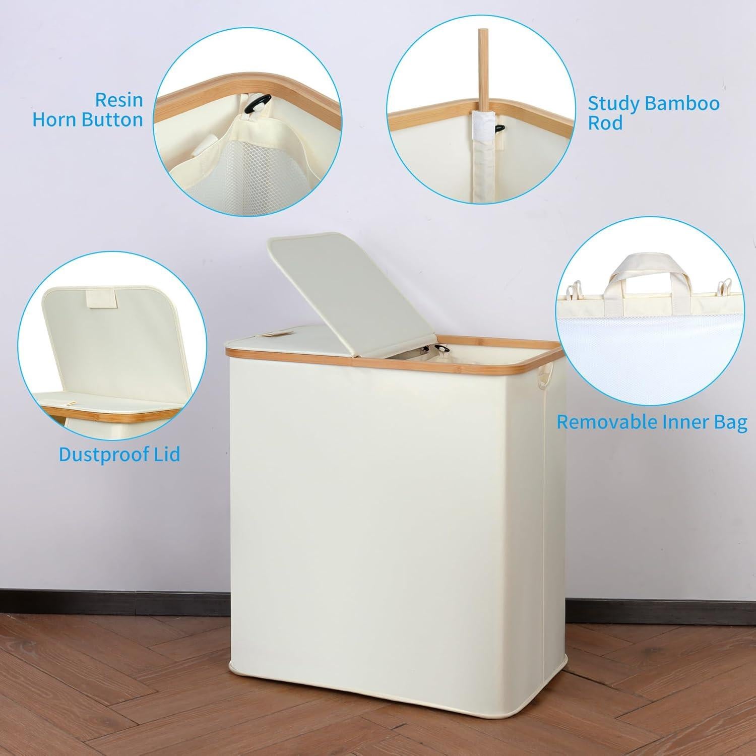 Cesto de Ropa Doble efluky 140L Beige con Tapa y Mangos