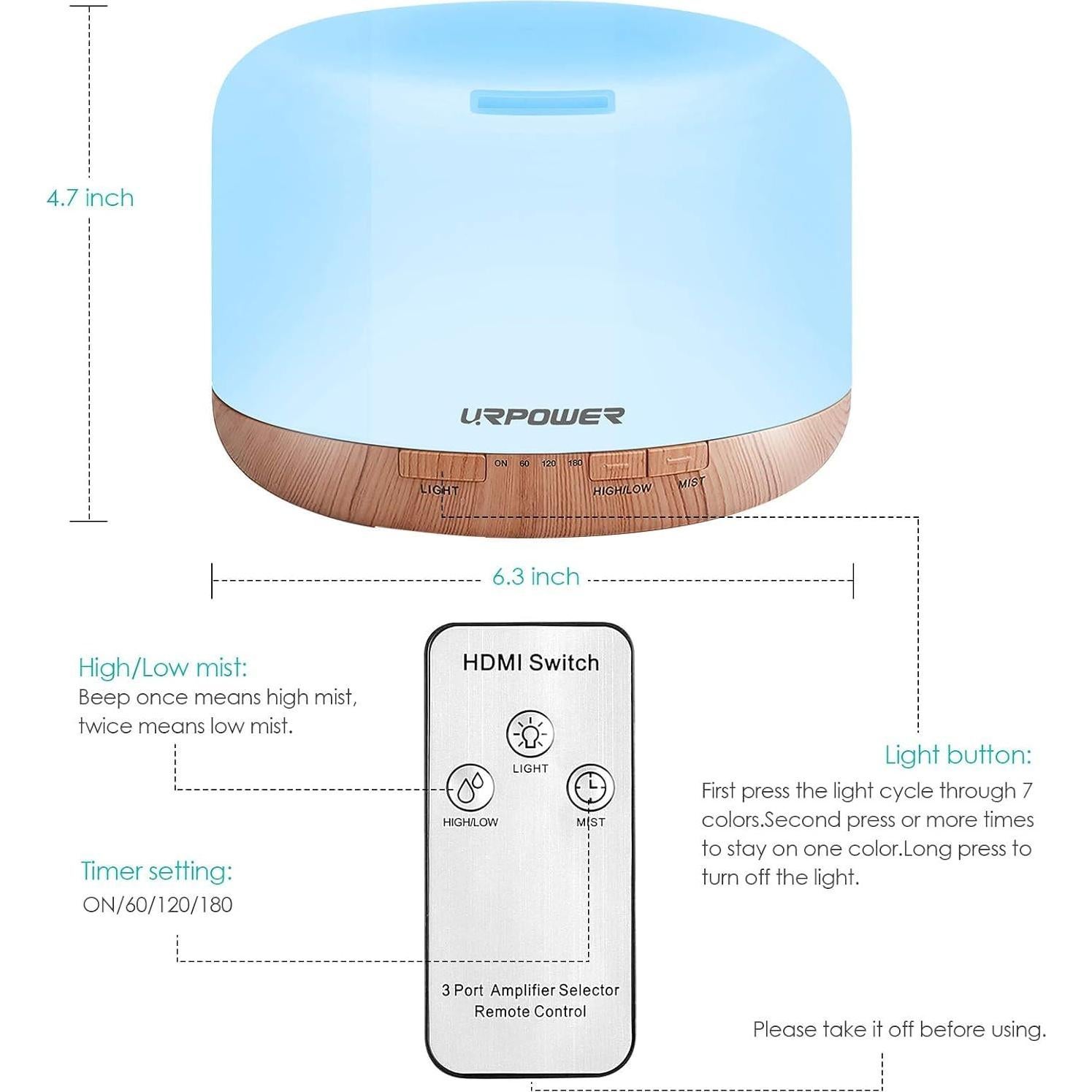 Difusor de Aceite Esencial URPOWER OD-501 500ml Humidificador