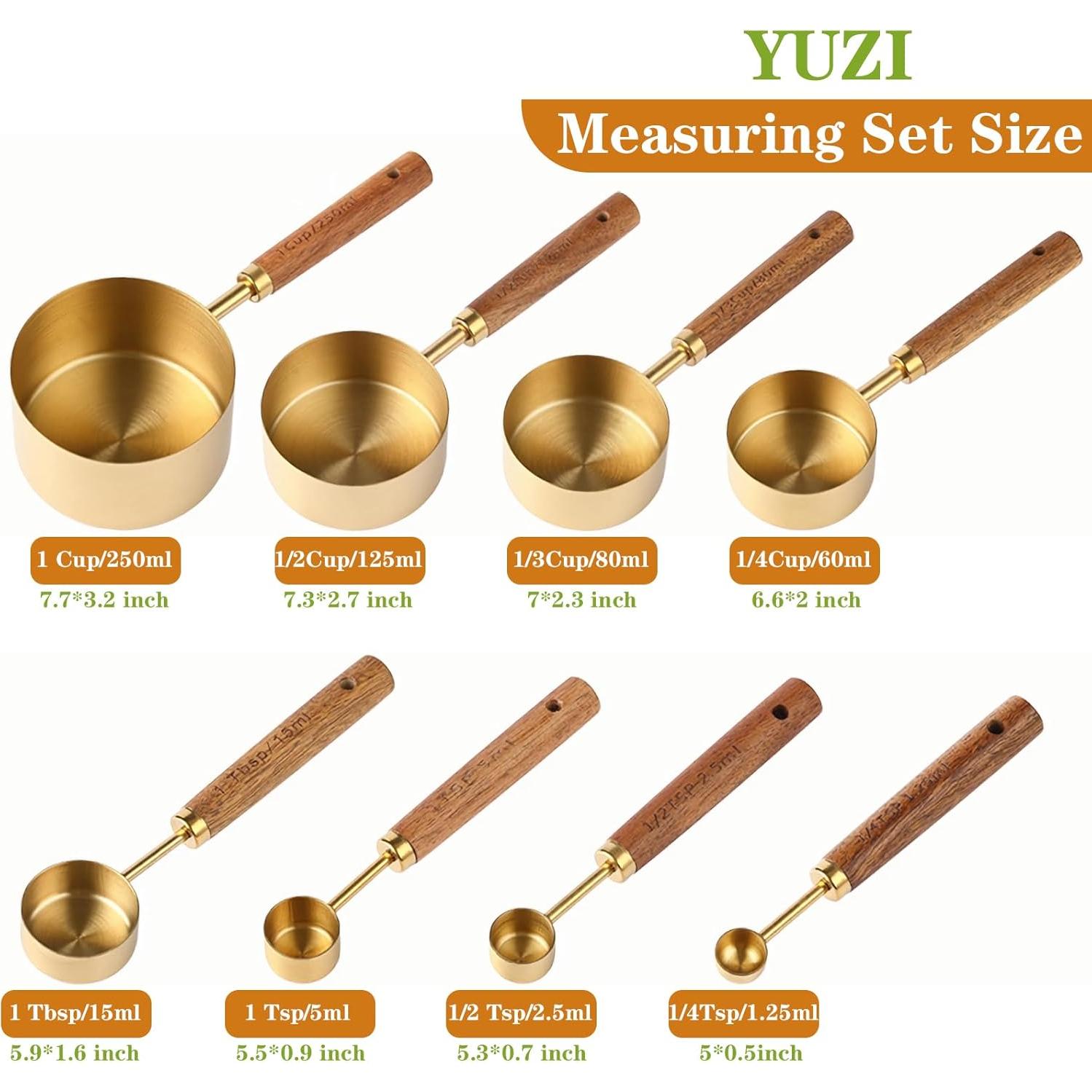 Juego de 8 Tazas y Cucharas Medidoras Yuzi Doradas con Mango de Madera