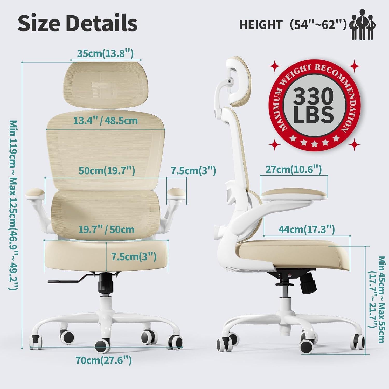 Silla de Oficina Ergonómica TRALT Beige 150 KG Ajustable