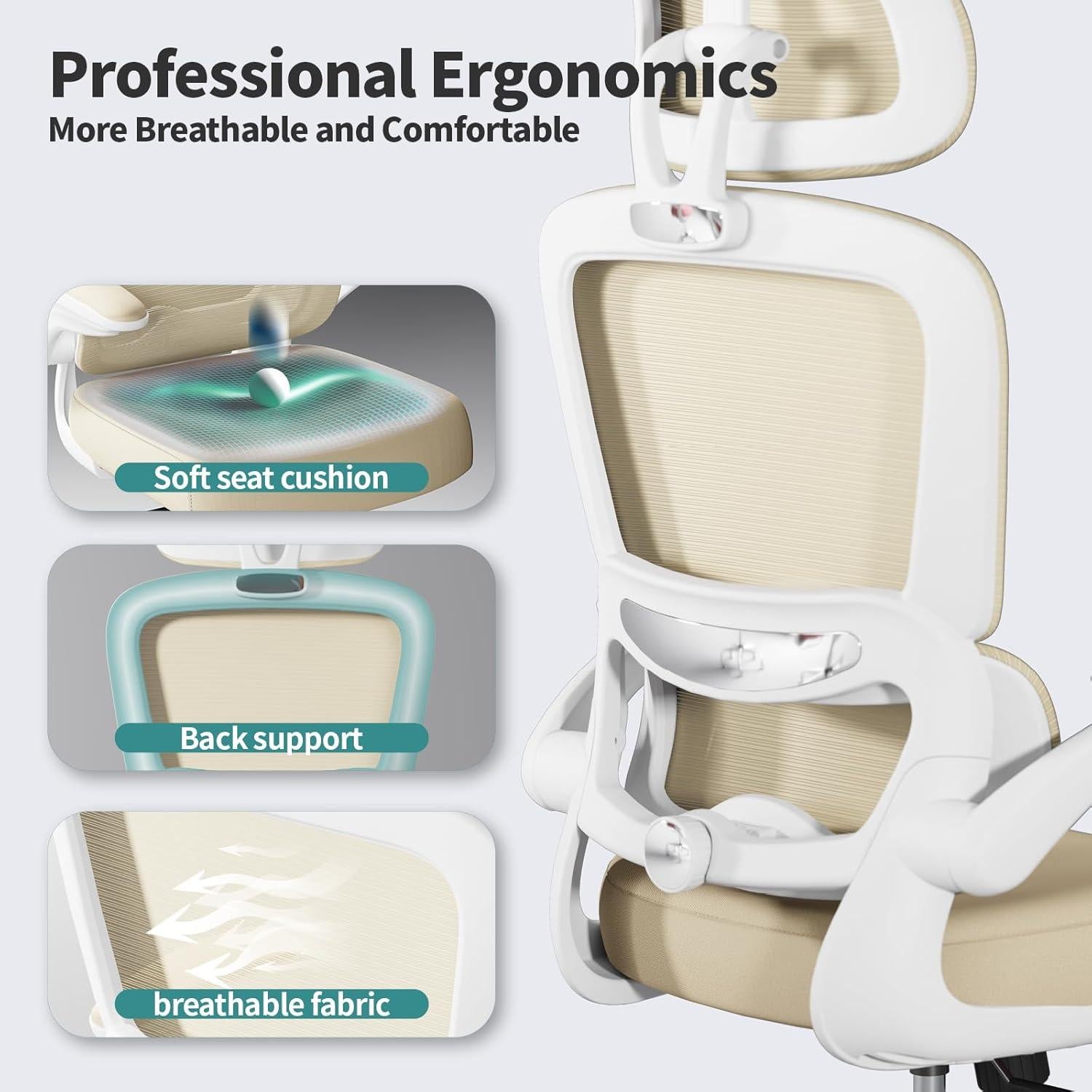 Silla de Oficina Ergonómica TRALT Beige 150 KG Ajustable