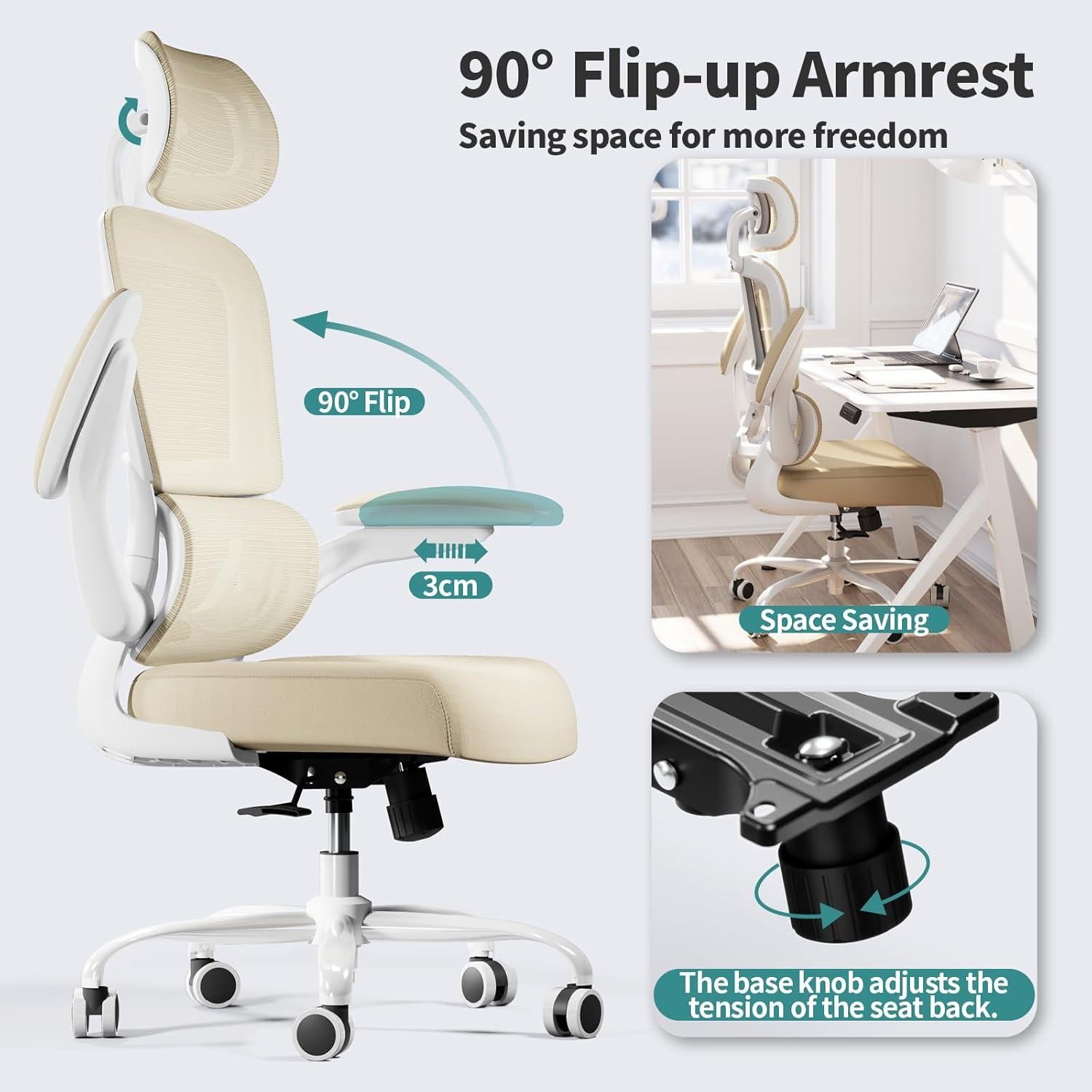 Silla de Oficina Ergonómica TRALT Beige 150 KG Ajustable