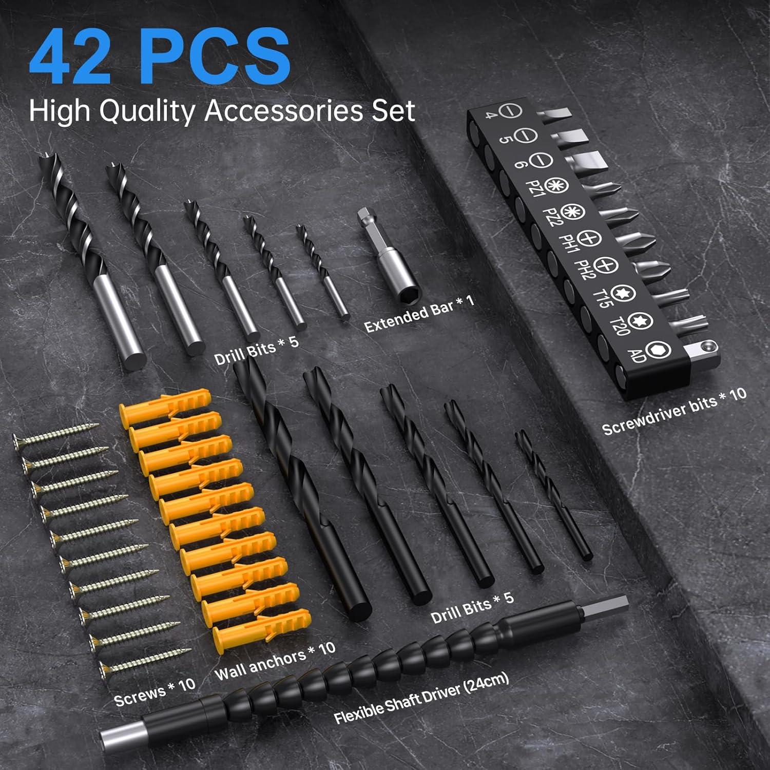 Taladro Inalámbrico VIWKO 12V con 42 Accesorios y Luz LED