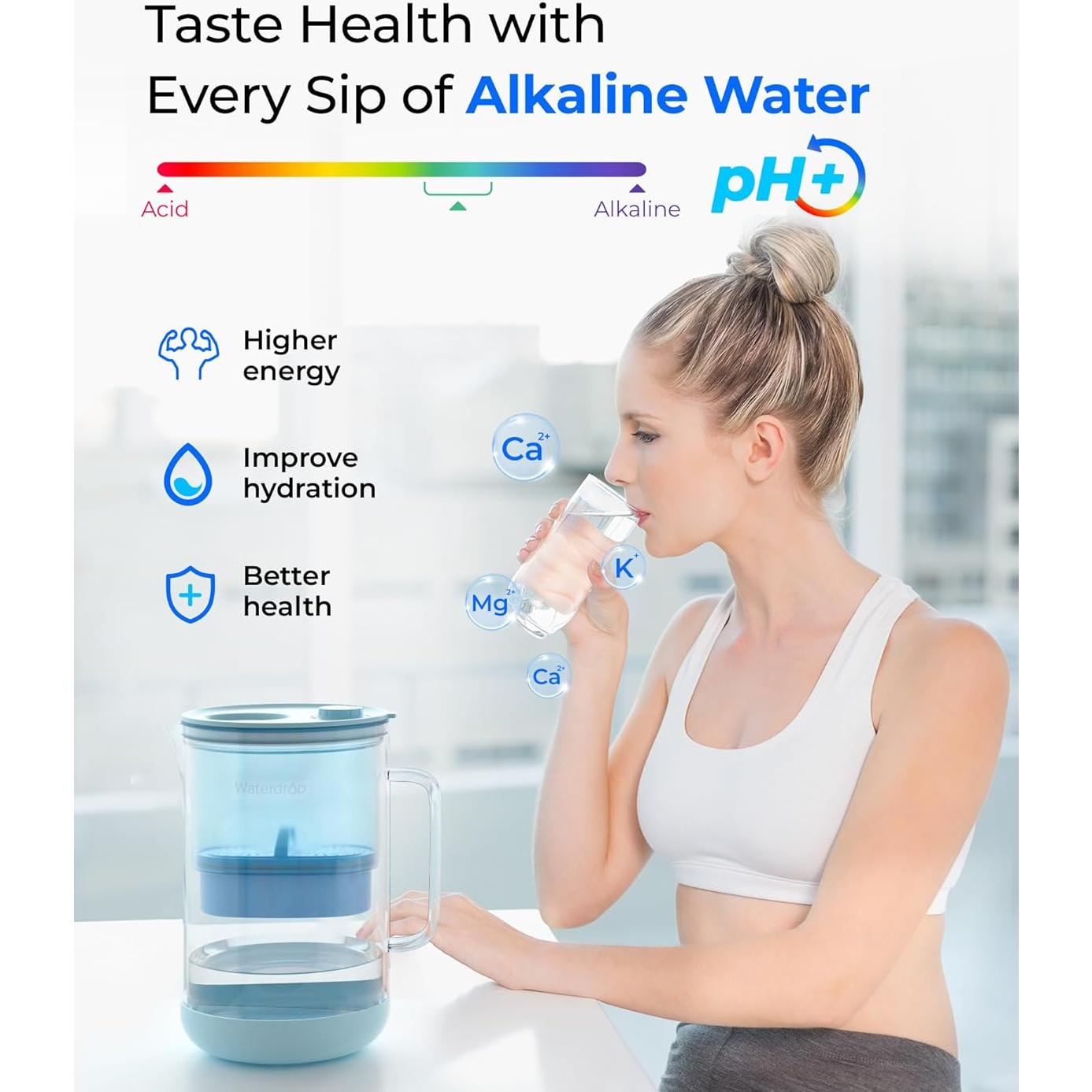 Jarra de Filtro de Agua Alcalina Waterdrop 10 Tazas Vidrio Azul