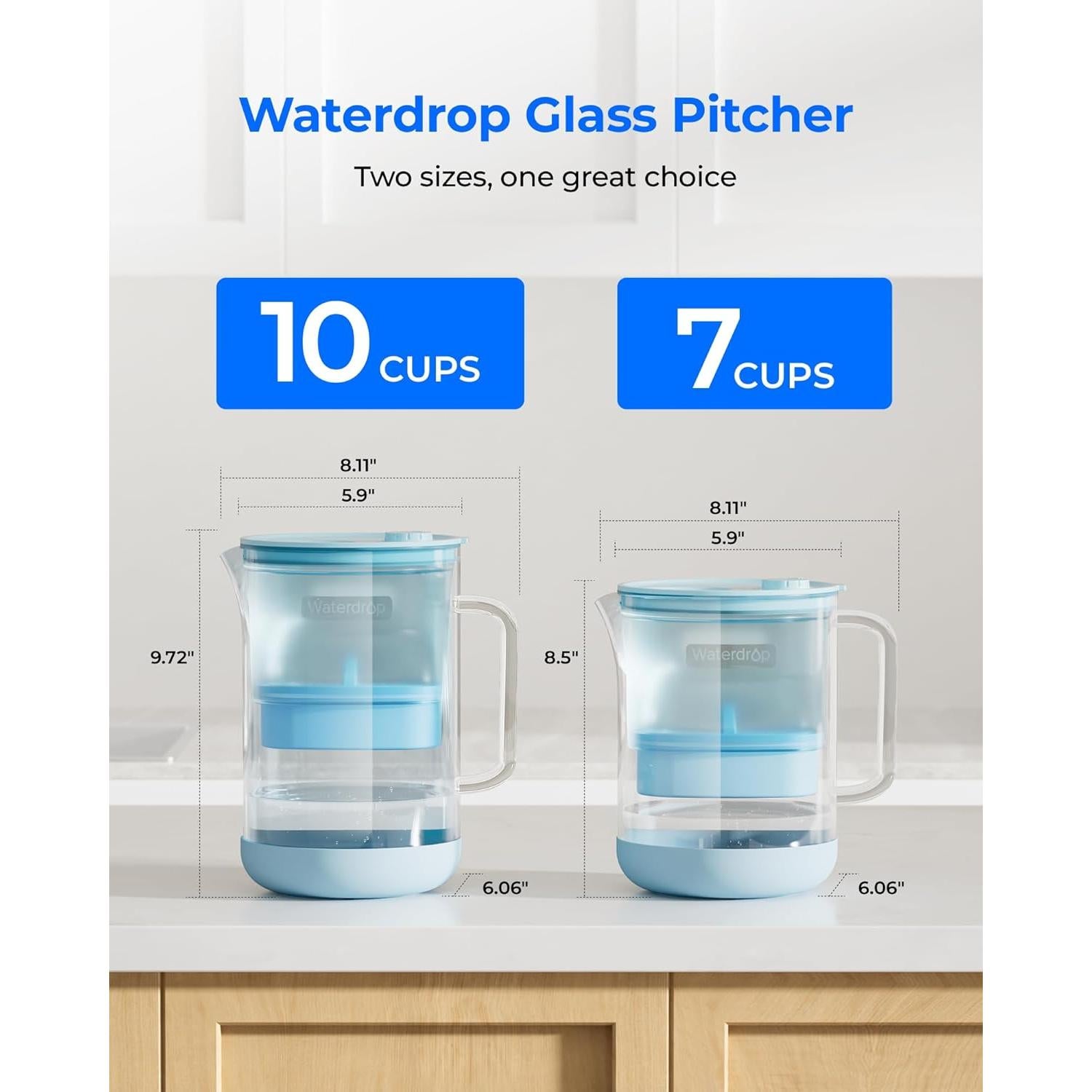 Jarra de Filtro de Agua Alcalina Waterdrop 10 Tazas Vidrio Azul