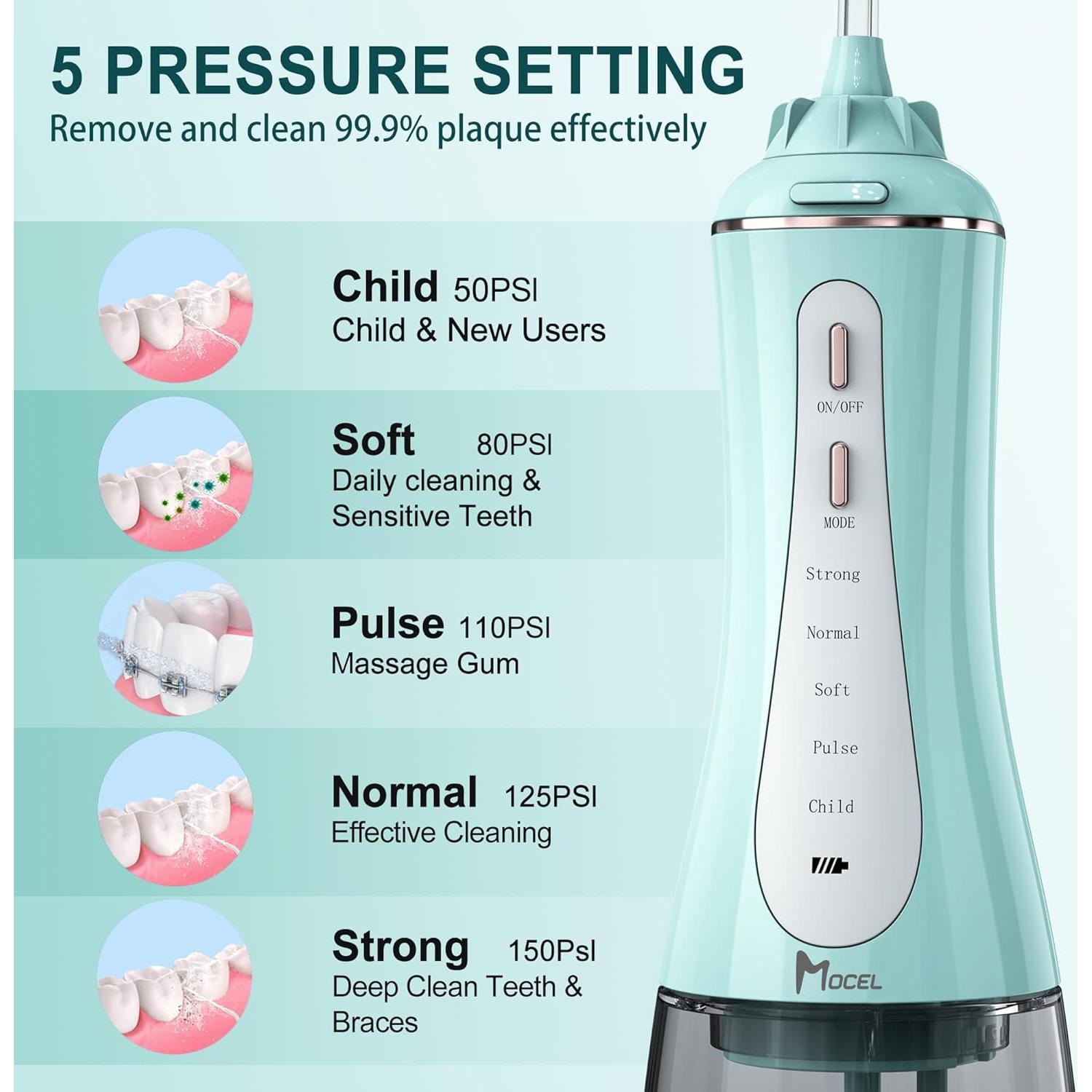 Irrigador Dental Inalámbrico MOCEL 350ml 5 Modos Verde