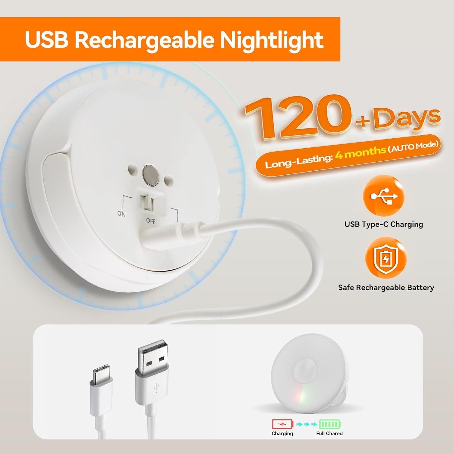 Luz Nocturna Recargable Dawnrise con Sensor de Movimiento - 4 Piezas