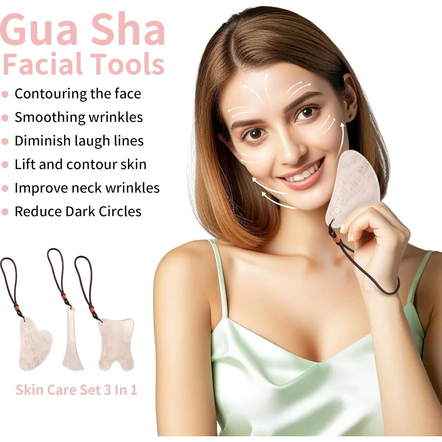 Set de Cuidado de la Piel Lusomch Gua Sha Jade Rosa 3 en 1