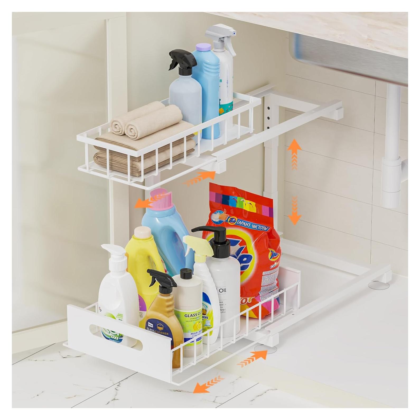 Organizador Bajo Fregadero Toyear, Estante Deslizante Blanco 2 Niveles