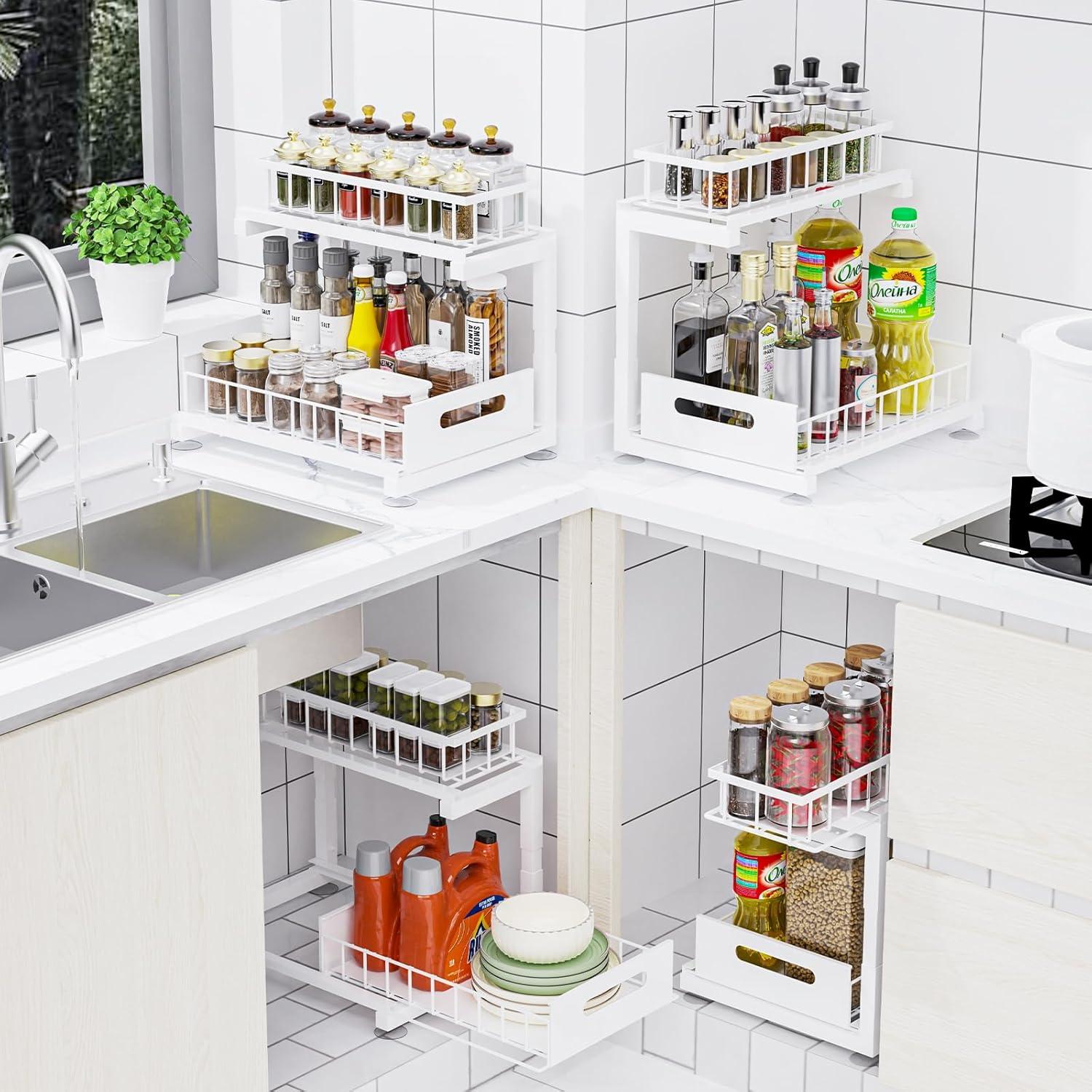 Organizador Bajo Fregadero Toyear, Estante Deslizante Blanco 2 Niveles