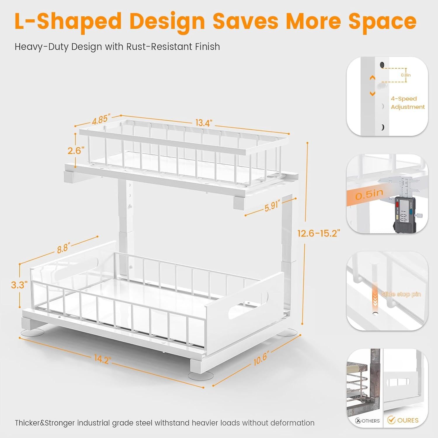 Organizador Bajo Fregadero Toyear, Estante Deslizante Blanco 2 Niveles