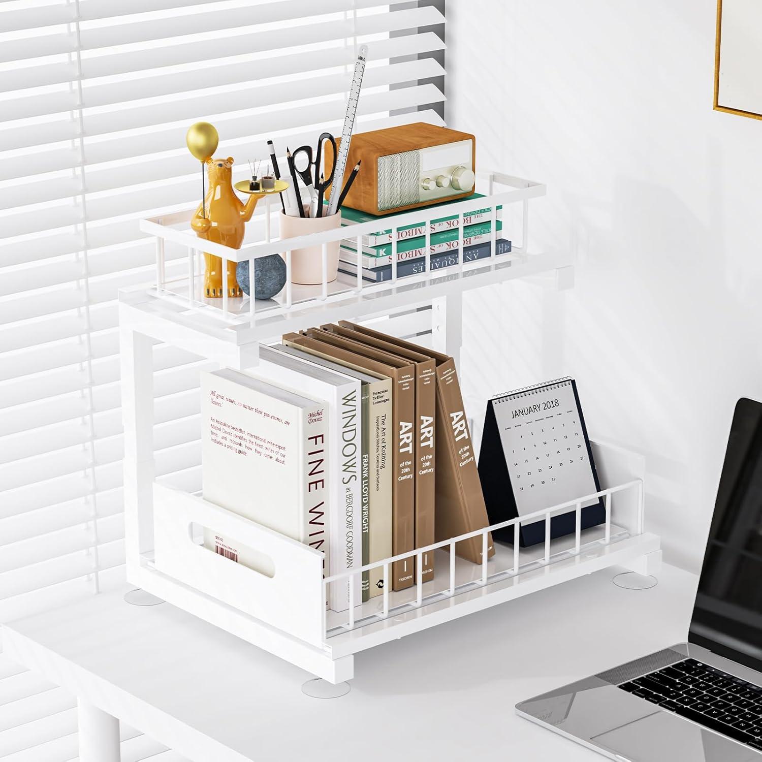 Organizador Bajo Fregadero Toyear, Estante Deslizante Blanco 2 Niveles