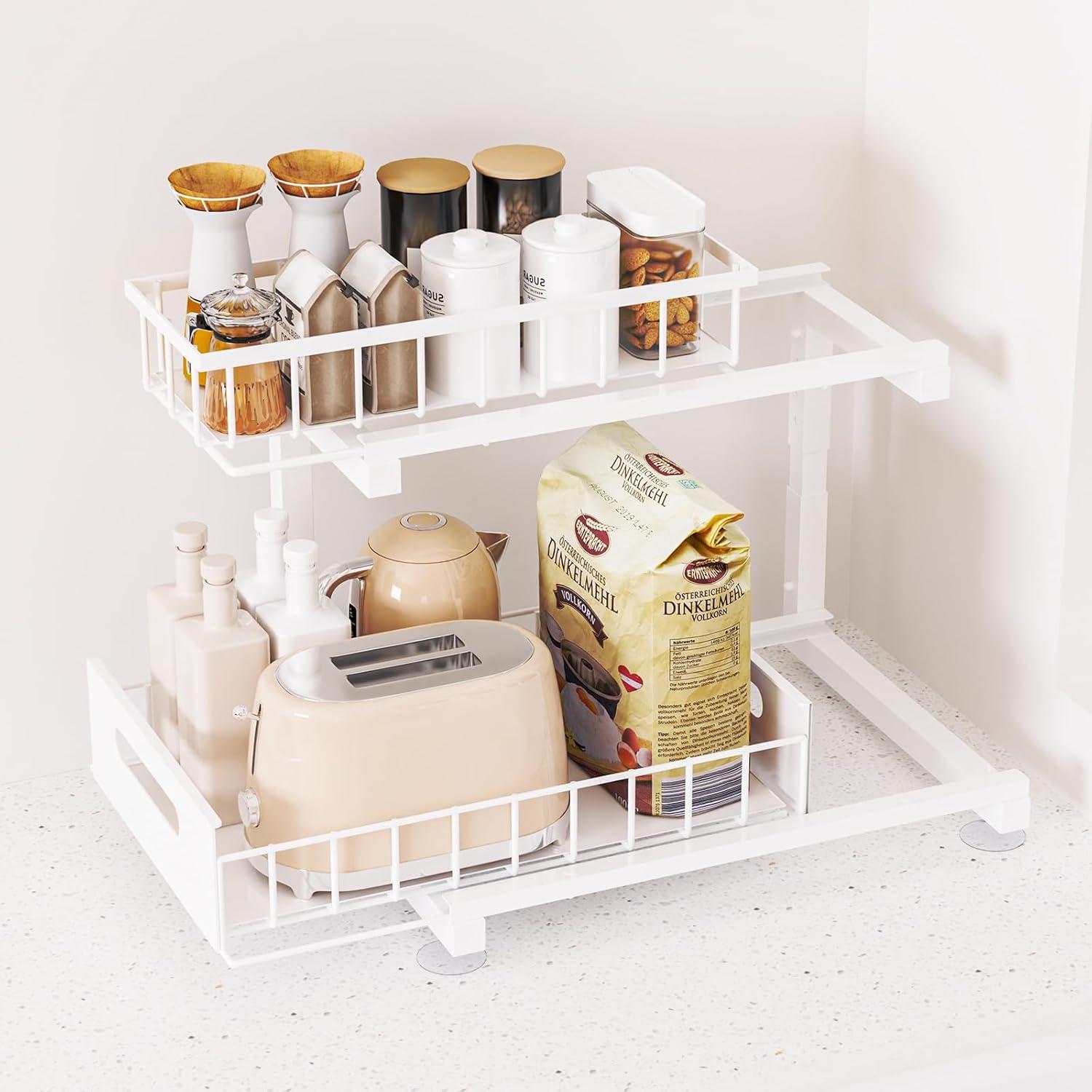 Organizador Bajo Fregadero Toyear, Estante Deslizante Blanco 2 Niveles