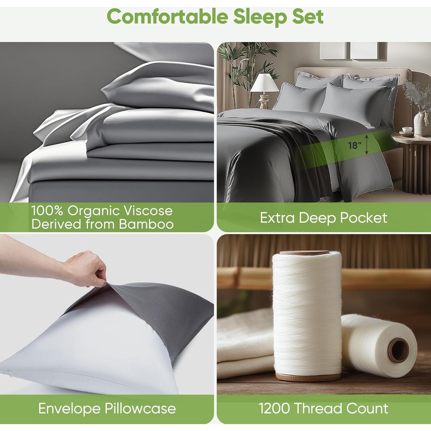 Juego de Sábanas de Lujo TWK Matrimonial 100% Viscosa Bambú Gris