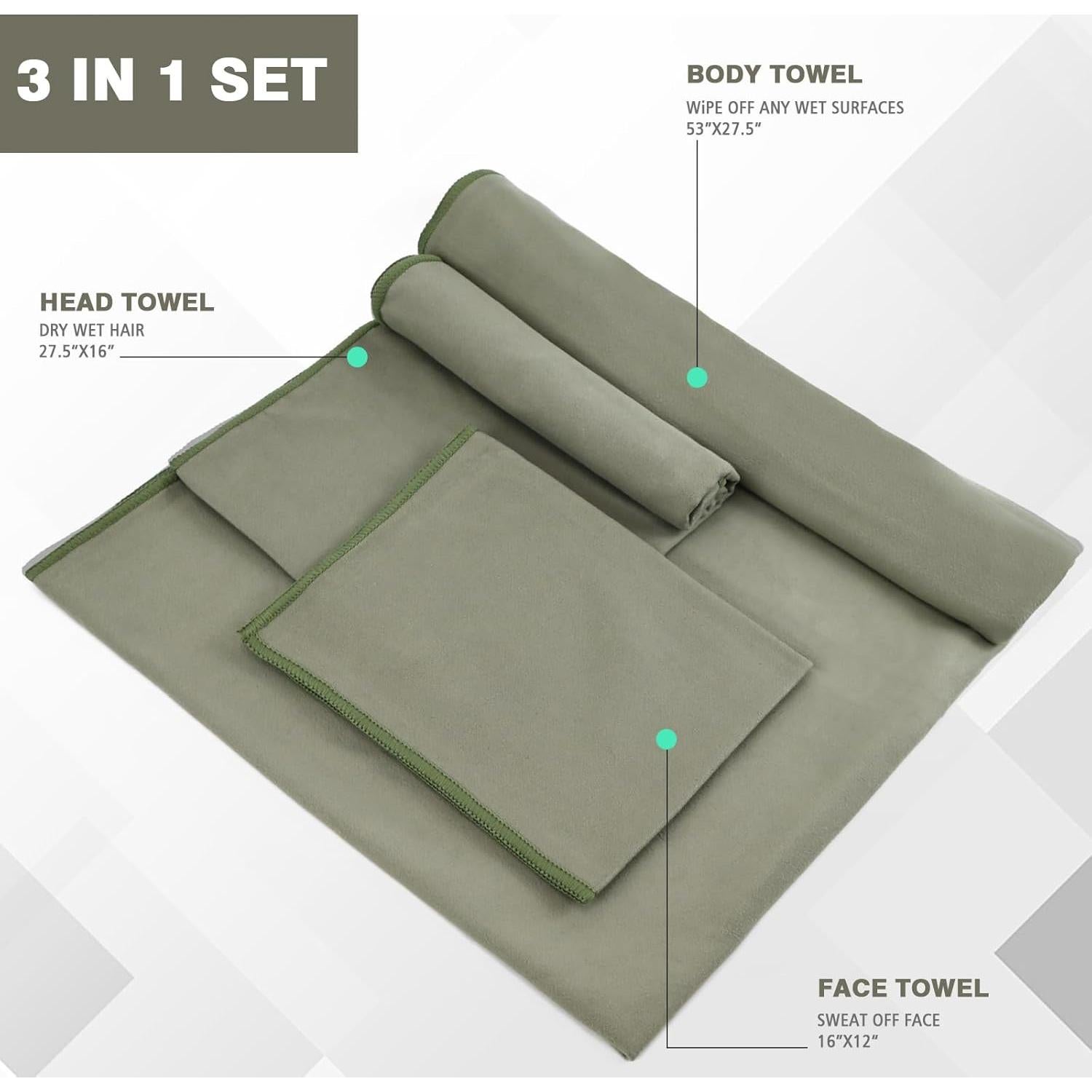 Toalla de Camping Vnoss 3 Tamaños Microfibra Verde Militar