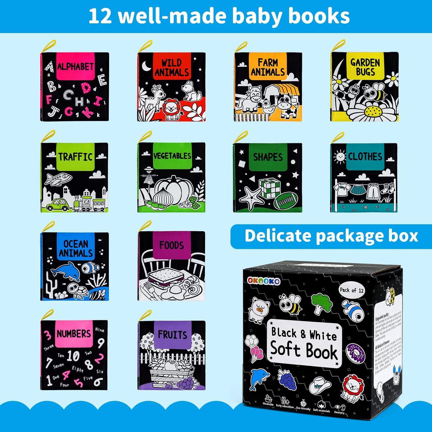 Libros Suaves para Bebés OKOOKO 12PCS Blanco y Negro Lavables