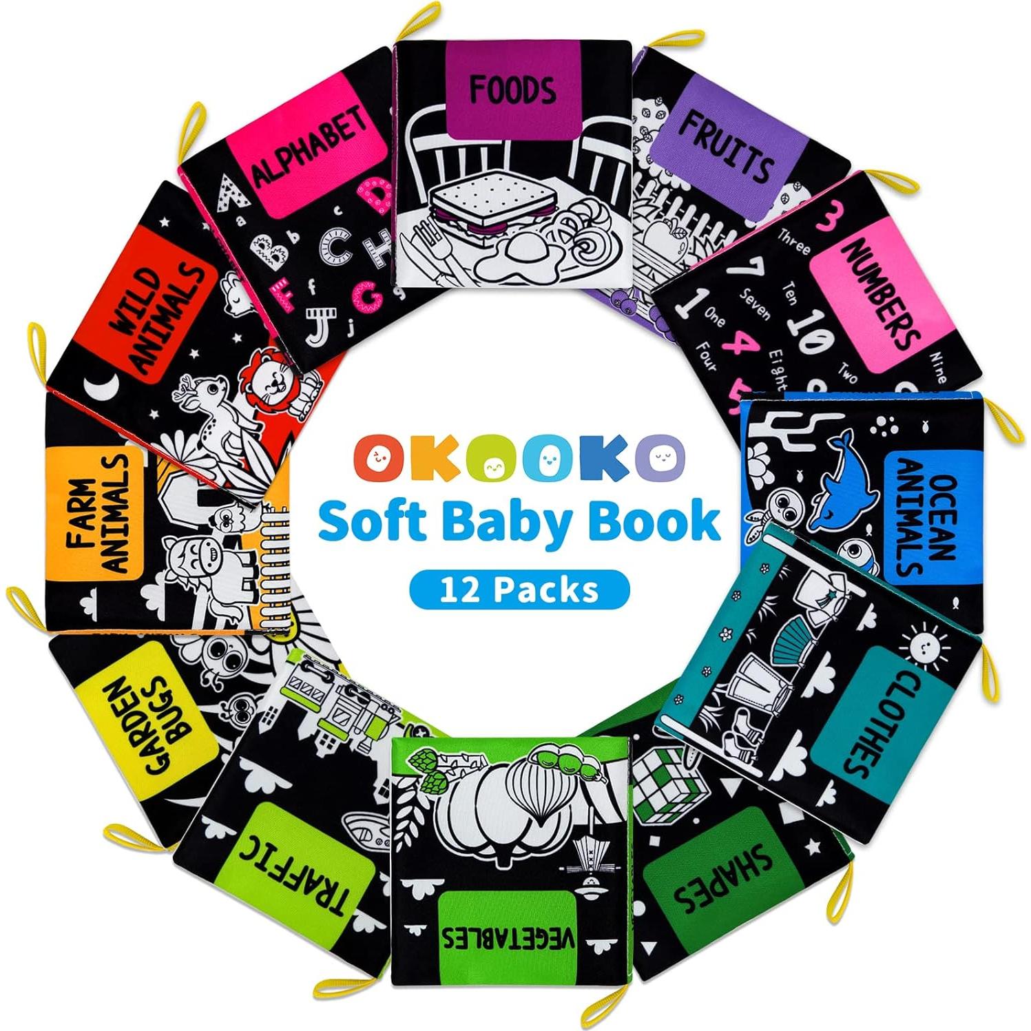 Libros Suaves para Bebés OKOOKO 12PCS Blanco y Negro Lavables