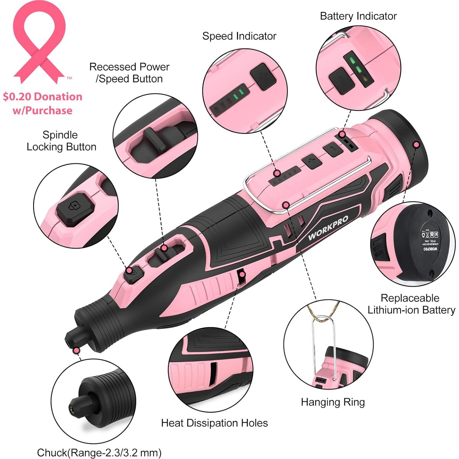 Herramienta Rotativa Inalámbrica WORKPRO 12V Rosa con 114 Accesorios