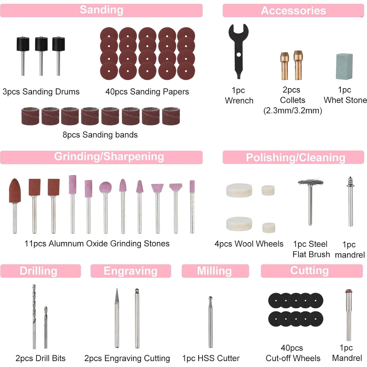 Herramienta Rotativa Inalámbrica WORKPRO 12V Rosa con 114 Accesorios