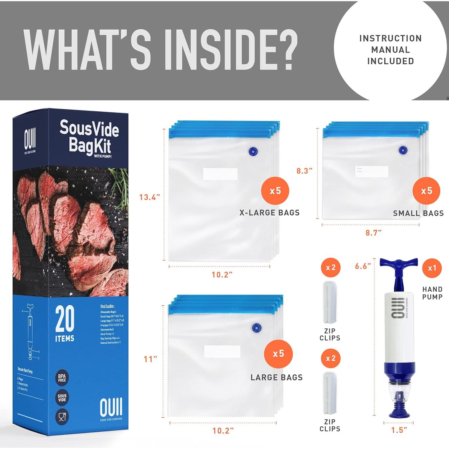 Bolsas Sous Vide OUII - Kit de 20 Piezas Reutilizables