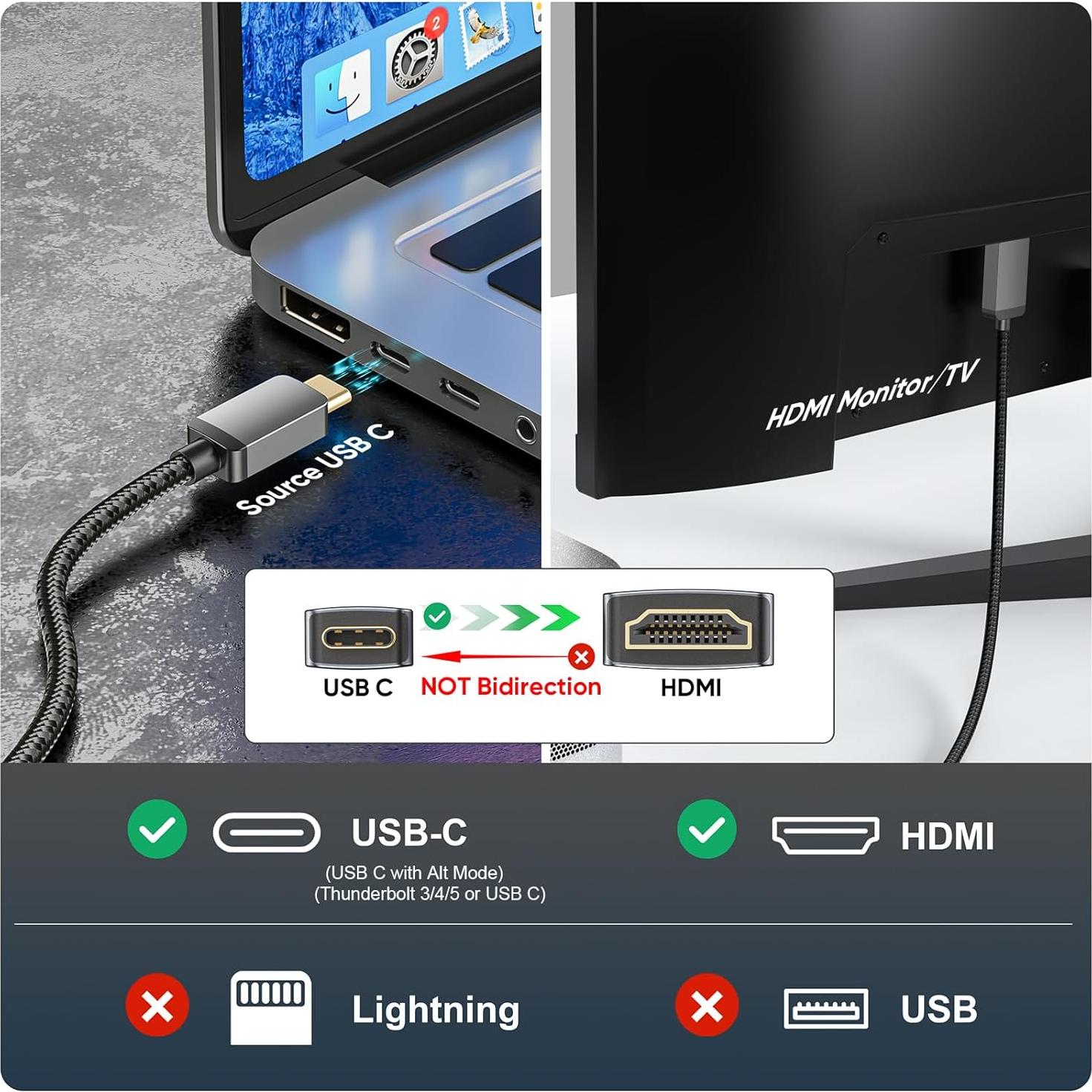 Cable USB C a HDMI 7.62m Vorothin 4K Trenzado Compatible