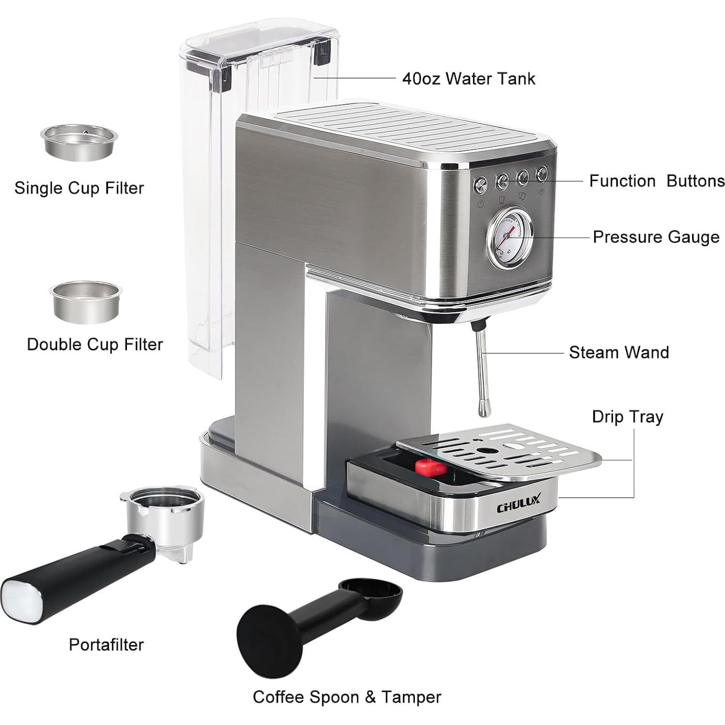 Máquina de Espresso Semi Automática CHULUX 20 Bar Acero Inoxidable