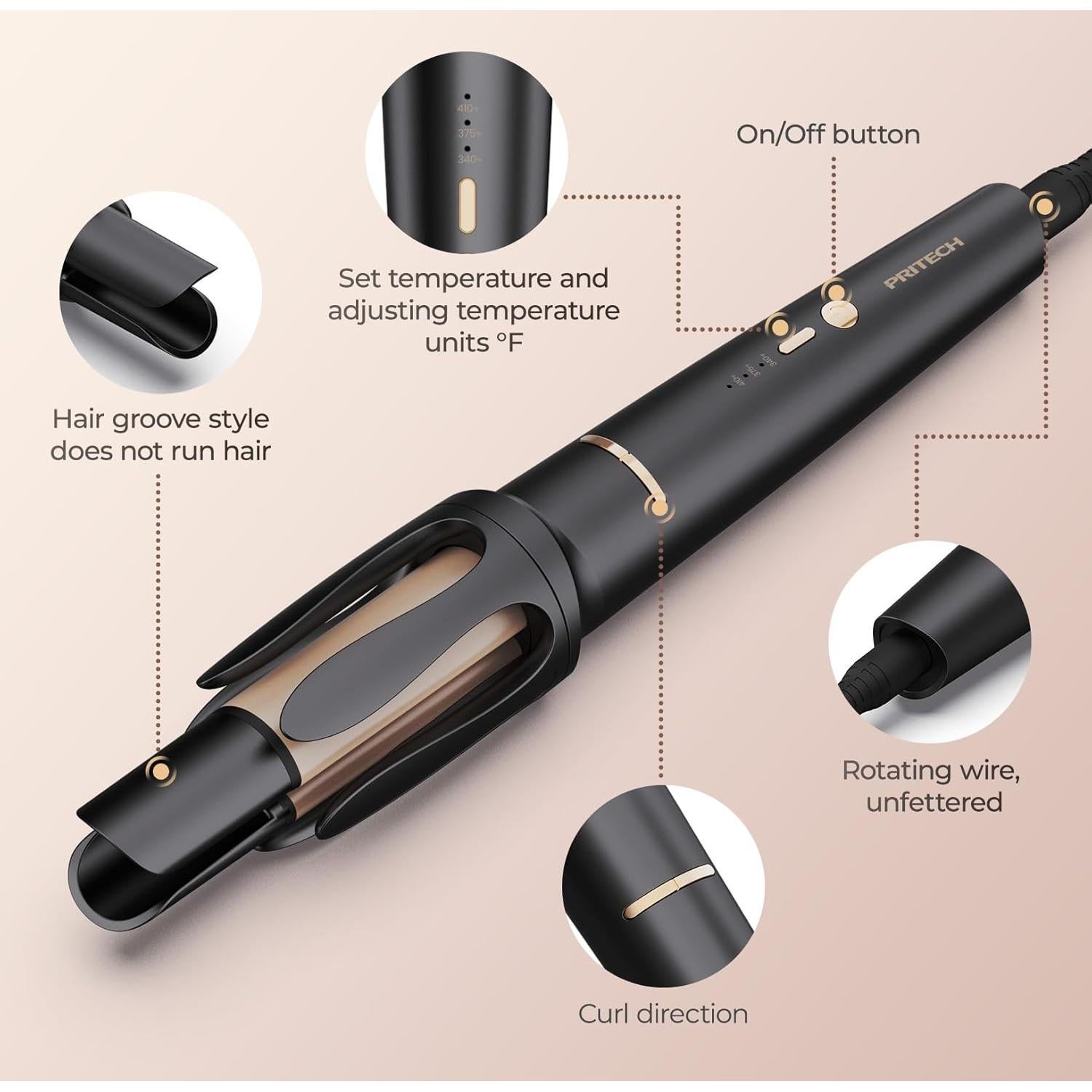 Rizador Automático de Cabello PRITECH 3 Temperaturas 1,25" Negro