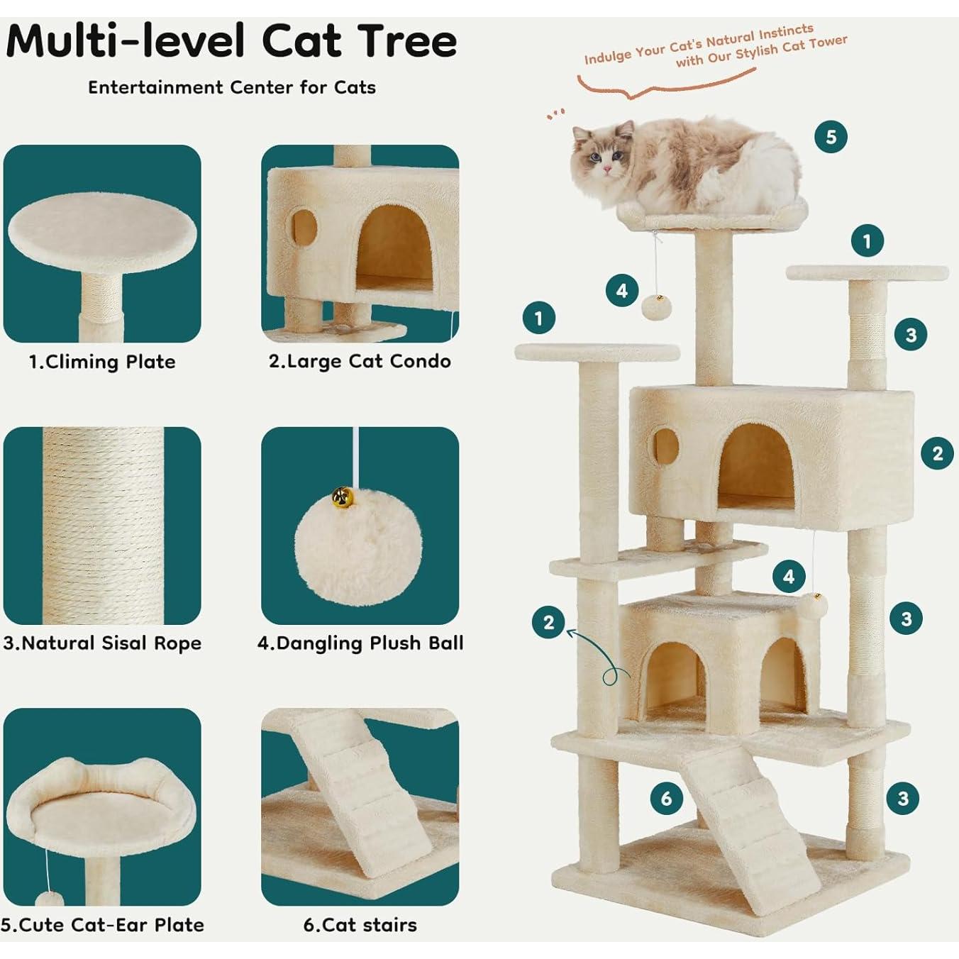 Torre para Gatos DUMOS Beige 137 cm con 2 Condominios y Juguetes