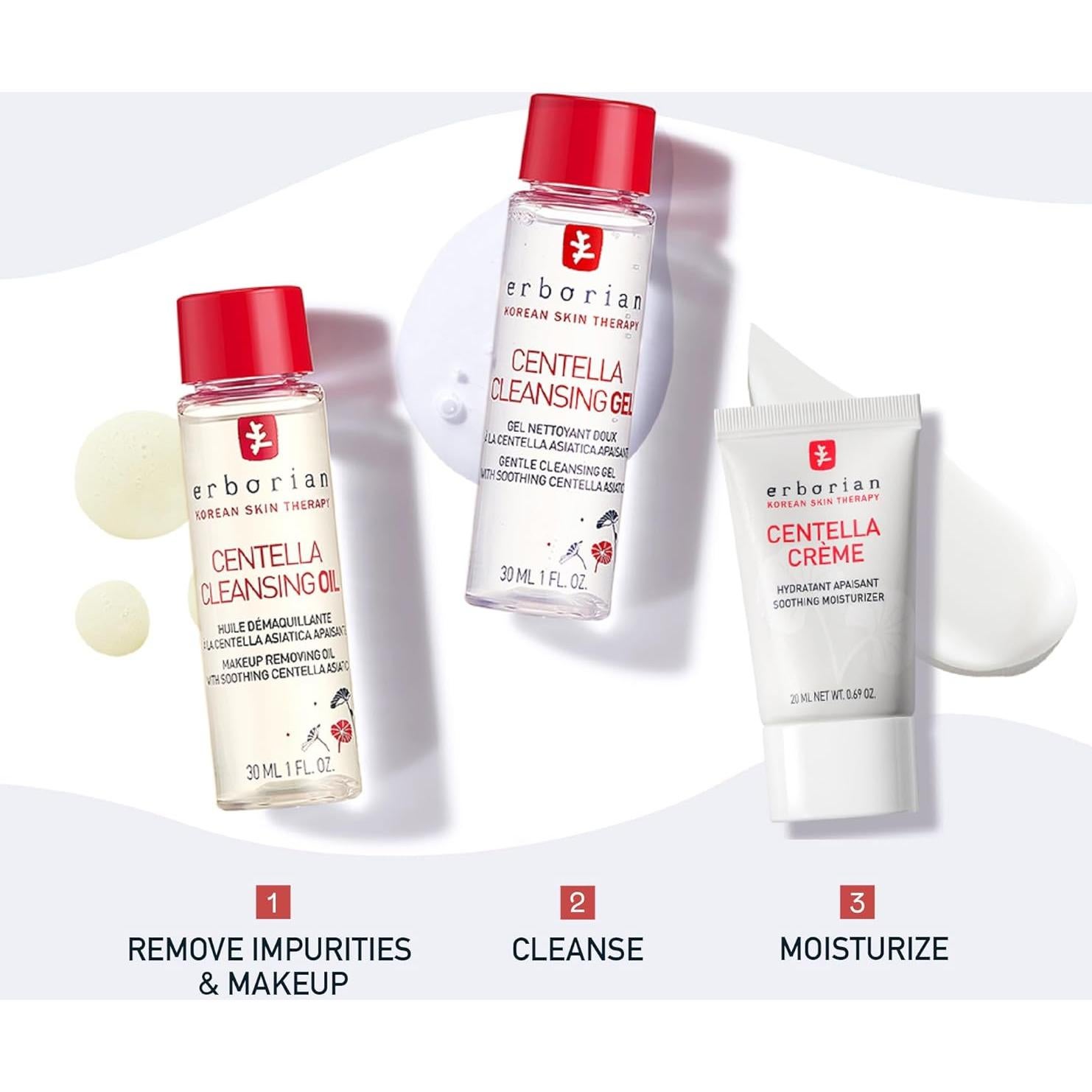 Kit de Viaje Erborian Centella - Aceite, Gel y Crema Hidratante