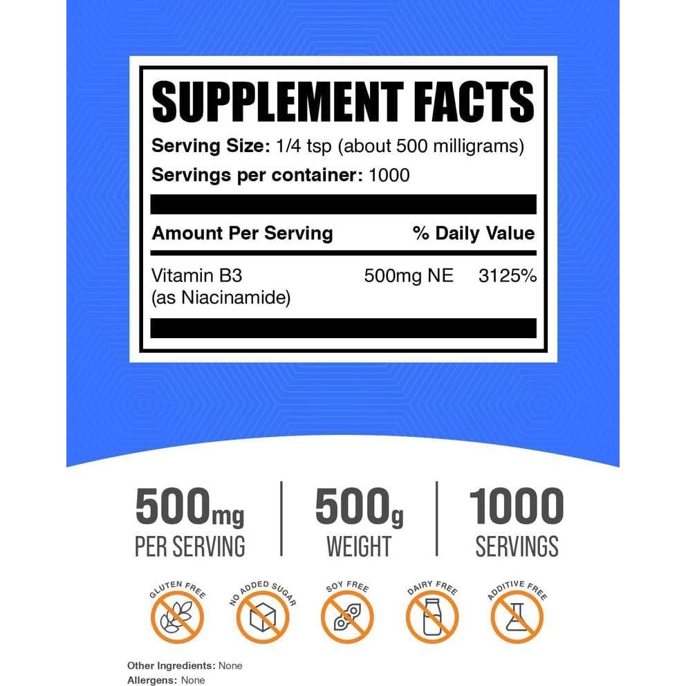 Polvo de Niacinamida 500mg BulkSupplements 500g - Vitamina B3