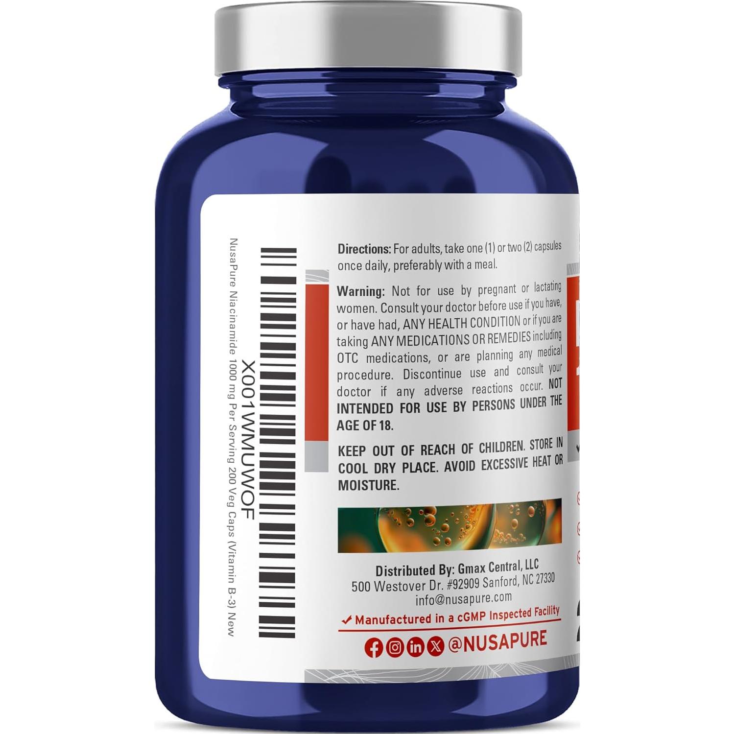 NusaPure Niacinamida 1000mg 200 Cápsulas Veganas Sin OGM
