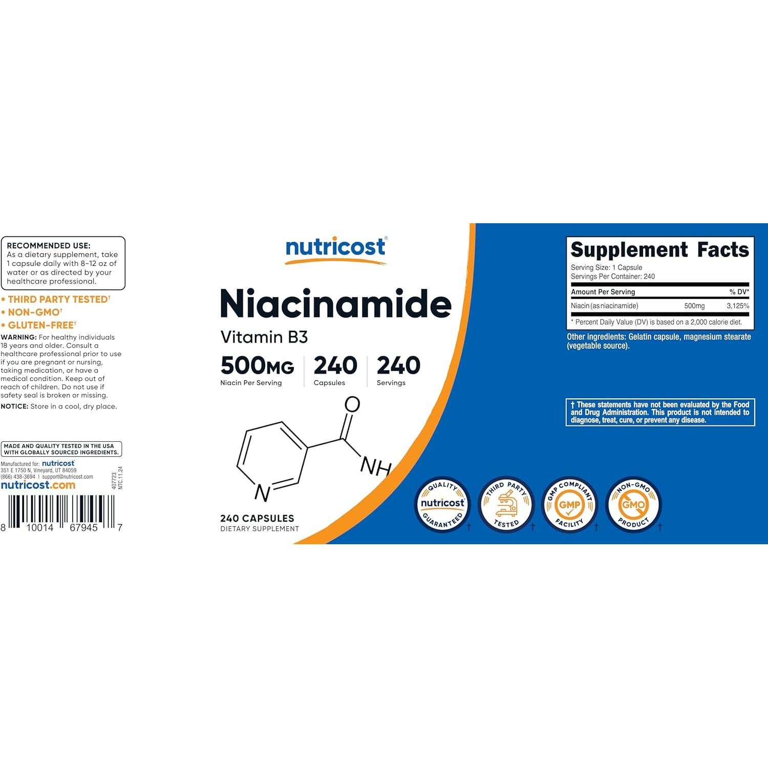 Nutricost Niacinamida 500mg 240 Cápsulas Sin Enrojecimiento