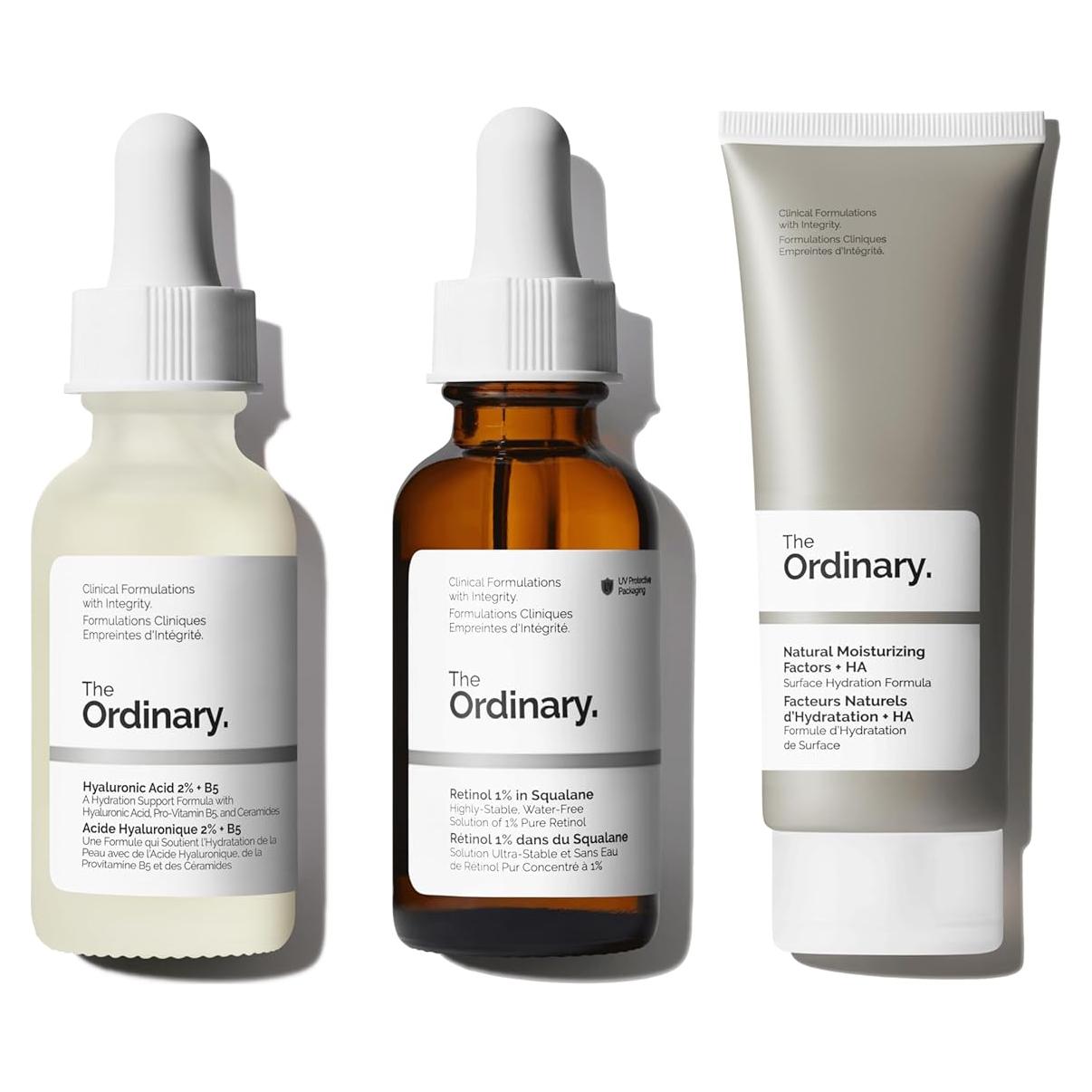 Set de Cuidado de la Piel The Ordinary - Retinol 1% 30ml, Ácido Hialurónico 30ml, Hidratantes 100ml