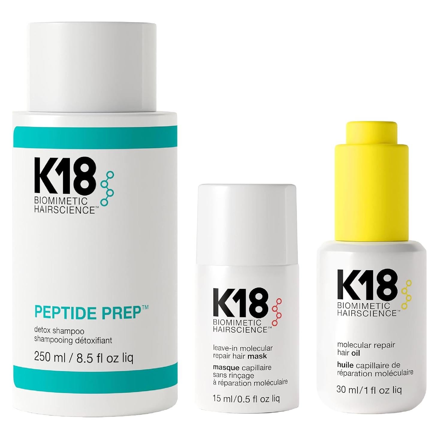 K18 Paquete de Cuidado Capilar - Mascarilla 15ml, Champú 240ml, Aceite 30ml