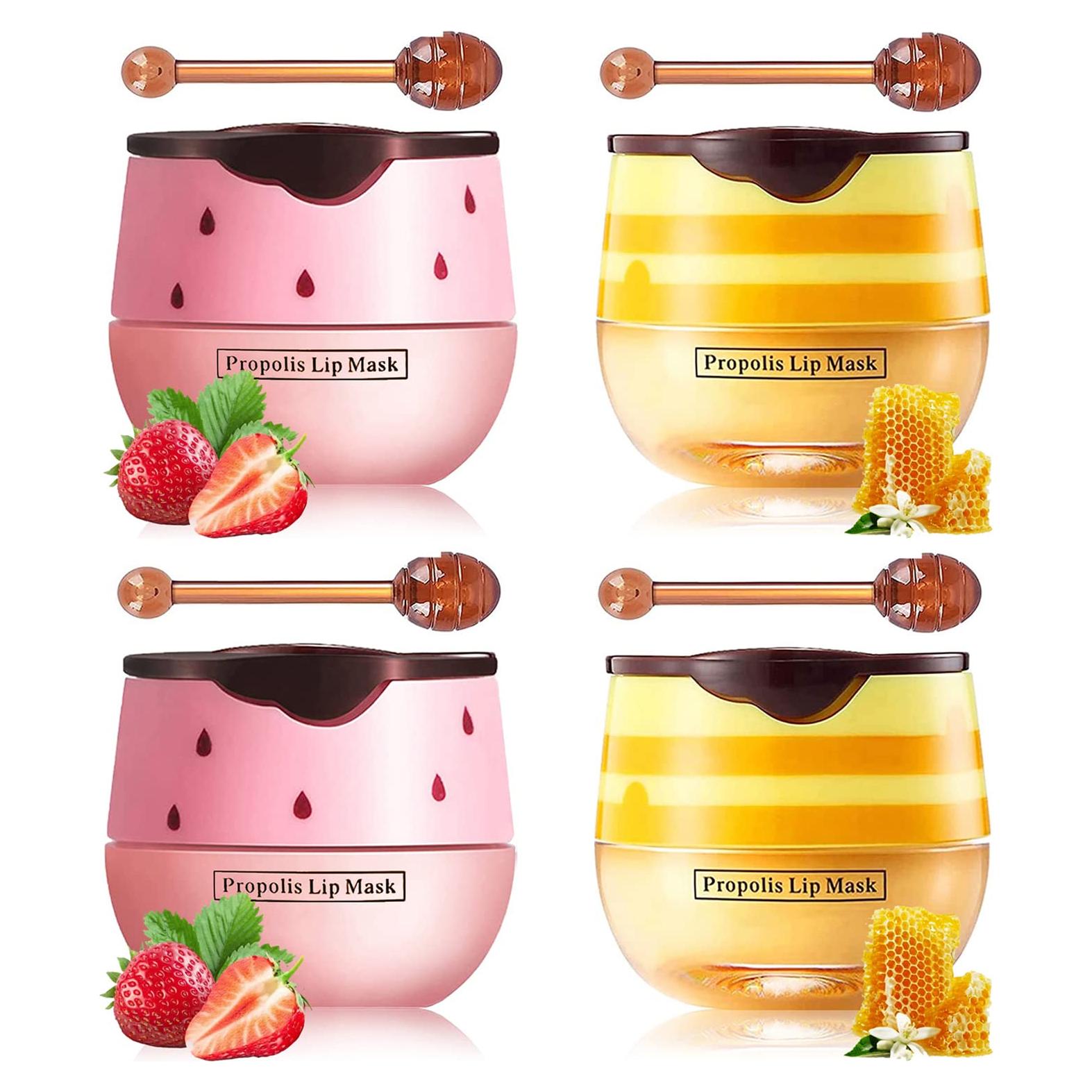 Honey Lip Balm Pot, Propolis Lip Mask, Strawberry Hydrating Propolis Lip Sleeping Mask, Prevent Dry&Cracked, Lip Repair Nourishes the Lip Skin (2pcs Honey & 2pcs Strawberry)
