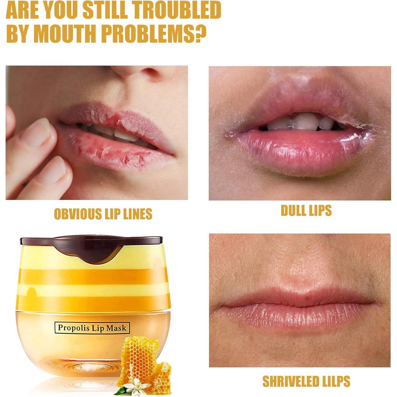 Honey Lip Balm Pot, Propolis Lip Mask, Strawberry Hydrating Propolis Lip Sleeping Mask, Prevent Dry&Cracked, Lip Repair Nourishes the Lip Skin (2pcs Honey & 2pcs Strawberry)