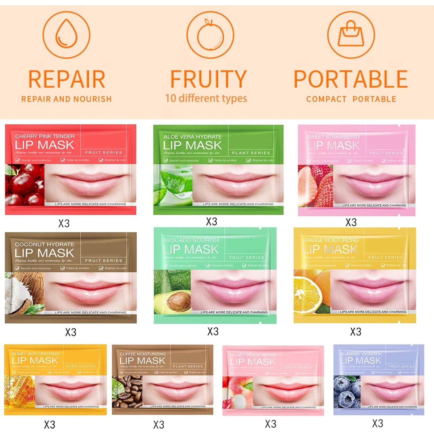 30 Mascarillas Hidratantes para Labios Sadoer - 10 Sabores