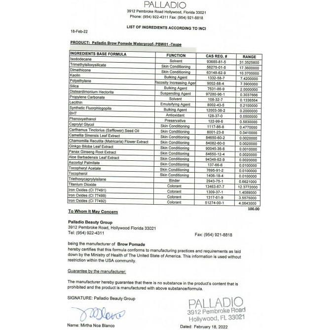 Pomada para Cejas a Prueba de Agua Palladio Taupe 24h