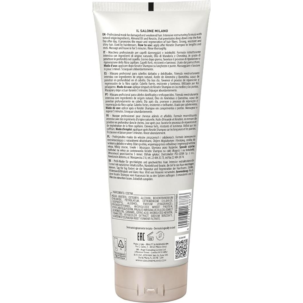 Máscara de Cabello de Queratina Il Salone Milano 250 ml - Tratamiento Reparador con Aceite de Almendra y Vitamina E