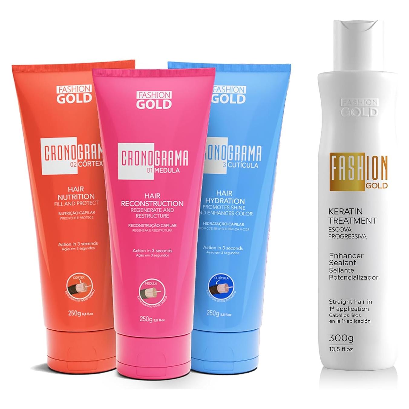 Kit Cronograma Capilar Fashion Gold - Tratamiento Queratina 3s